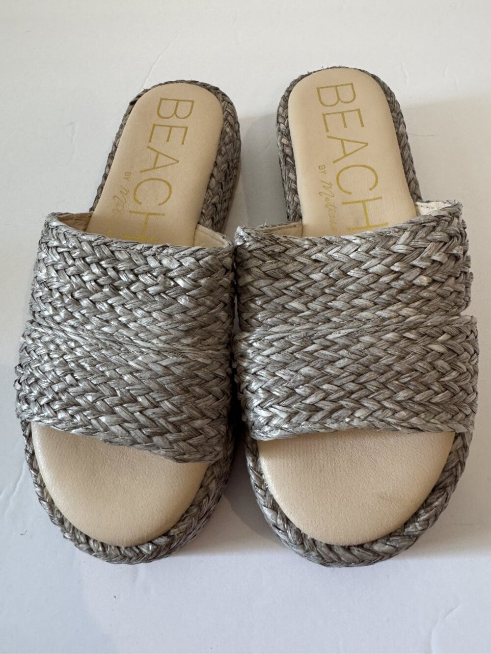 Beach by Matisse Pismo Platform Slide Sandals Silver Speckle Woven Size 7